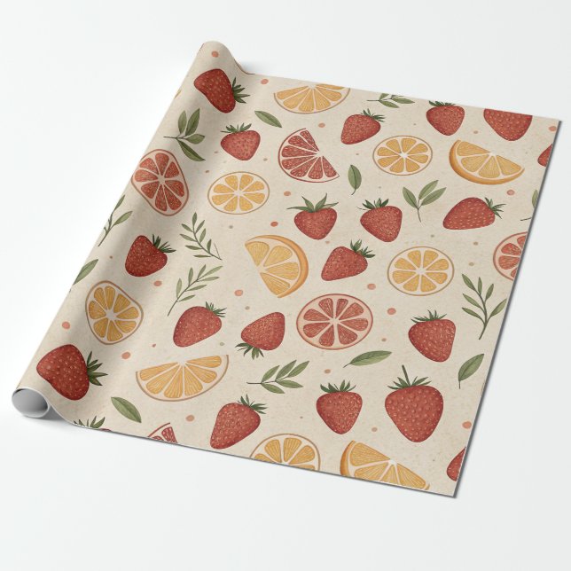 Rustic Strawberry & Citrus Earthy Pattern (2) Wrapping Paper (Unrolled)