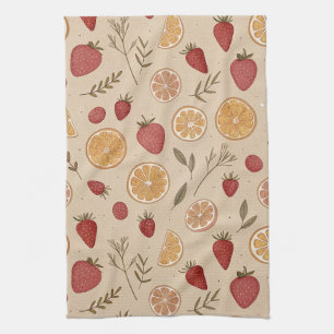 Rustic Strawberry & Citrus Earthy Pattern (5) Tea Towel