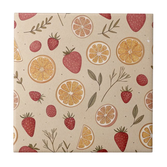 Rustic Strawberry & Citrus Earthy Pattern (5) Tile (Front)