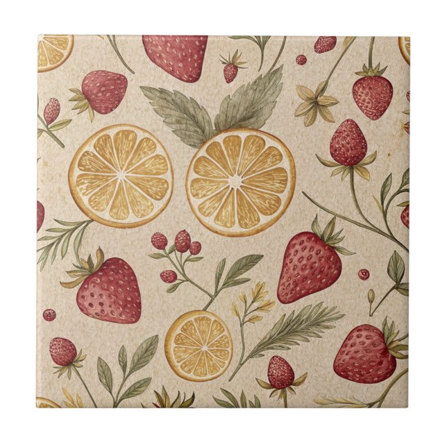 Rustic Strawberry & Citrus Earthy Pattern (9) Tile (Front)