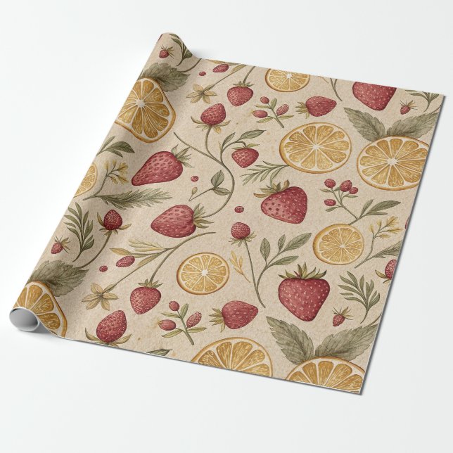 Rustic Strawberry & Citrus Earthy Pattern (9) Wrapping Paper (Unrolled)