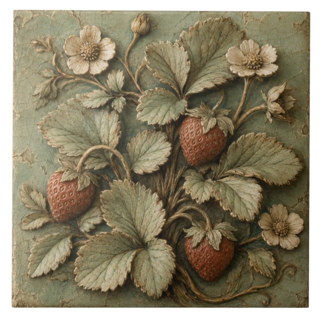 Rustic Strawberry Garden Faux Relief Tile (Front)