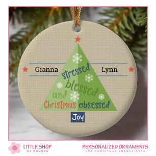 Rustic Stressed Blessed Obsessed Christmas Tree Ceramic Tree Decoration