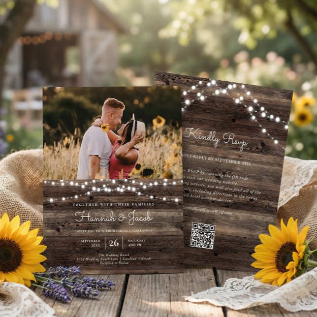 Rustic String Light Barn Wood QR Code RSVP Wedding Invitation (Creator Uploaded)