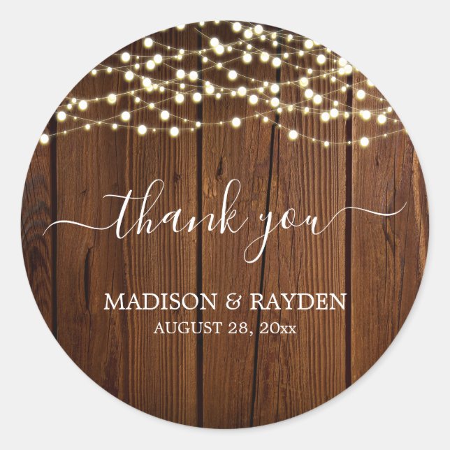 Rustic String Light Barn Wood Wedding Thank you Classic Round Sticker (Front)