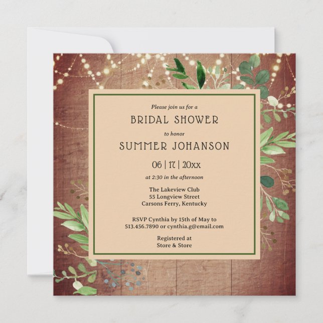 Rustic String Light Greenery Bridal Shower Invitation (Front)