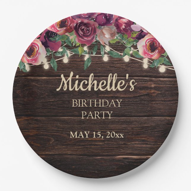 Rustic String Light Purple Floral Birthday Paper Plate (Front)