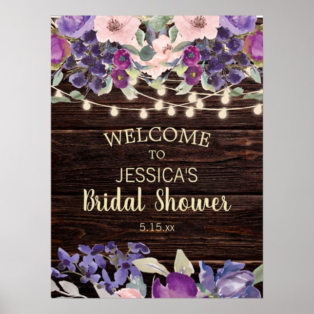 Rustic String Light Purple Floral Bridal Shower Poster (Front)