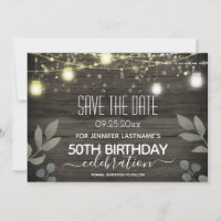 Rustic String Lights 50th Birthday save the date