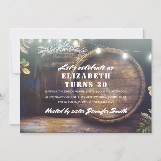 Rustic String Lights and Oak Barrel Birthday Party Invitation (Front)