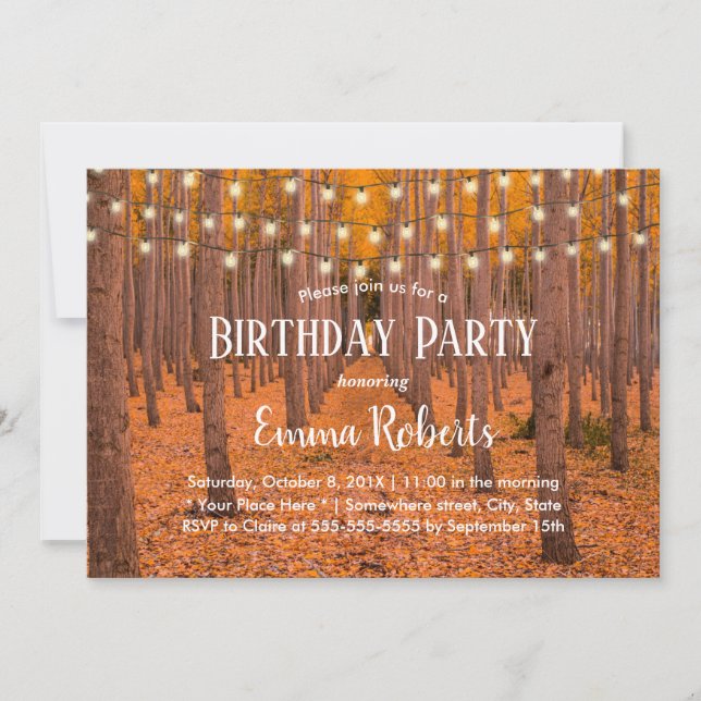 Rustic String Lights Autumn Woods Birthday Party Invitation (Front)