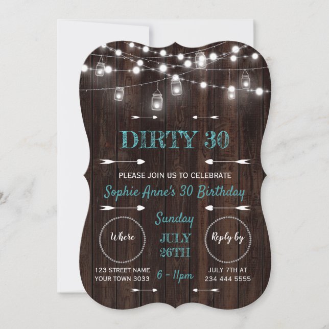 Rustic String Lights Barn Dirty 30 Birthday Party Invitation (Front)