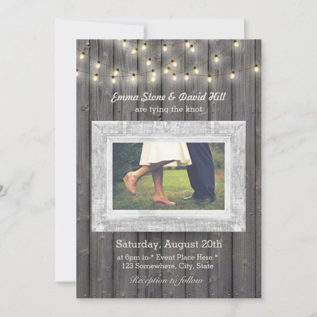 Rustic String Lights Barn Wood Photo Wedding Invitation (Front)