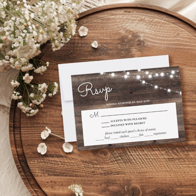 Rustic String Lights Barn Wood With Meal Choice RSVP Card (Creator Uploaded)