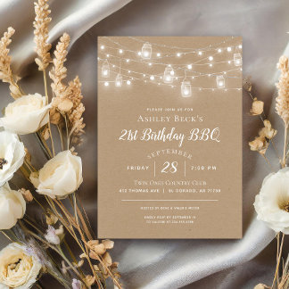 Rustic String Lights Birthday Party BBQ Invitation