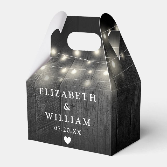 Rustic String Lights Black Barn Wood Wedding Favour Box (Front Side)