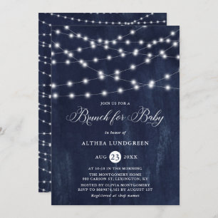 Rustic String Lights Blue Baby Shower Brunch Invitation