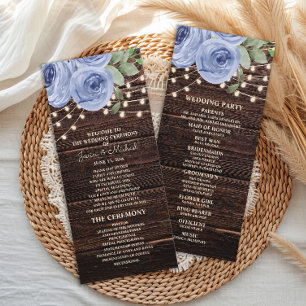 Rustic String Lights Blue Floral Wedding Program Programme