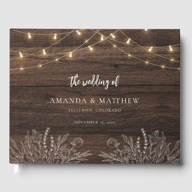 Rustic String Lights Botanical Welcome Wedding Guest Book (Front)