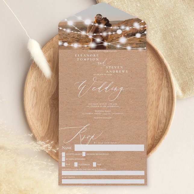 Rustic string lights brown kraft photo wedding all in one invitation (Creator Uploaded)