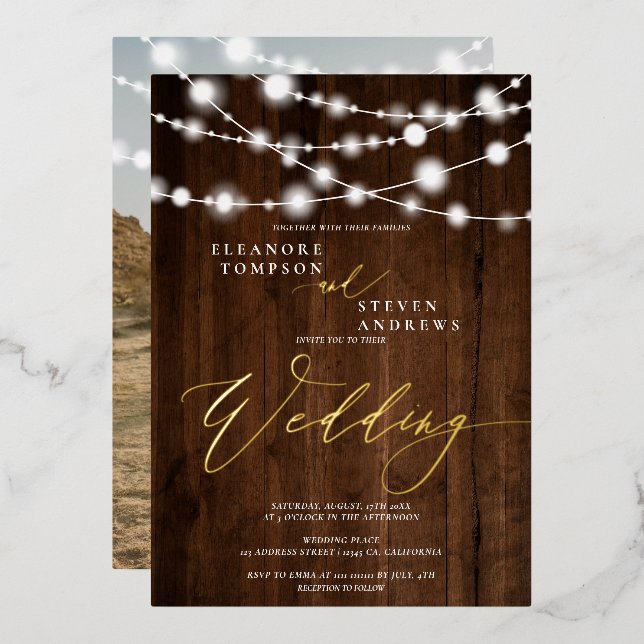 Rustic string lights brown wood photo wedding  (Front/Back)