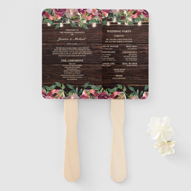 Rustic String Lights Burgundy Floral Program Hand Fan (Front and Back)