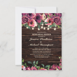 Rustic String Lights Burgundy Floral Rehearsal Invitation