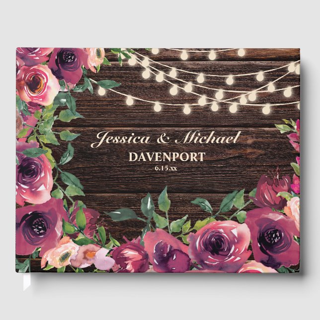 Rustic String Lights Burgundy Floral Wedding Guest Book (Front)