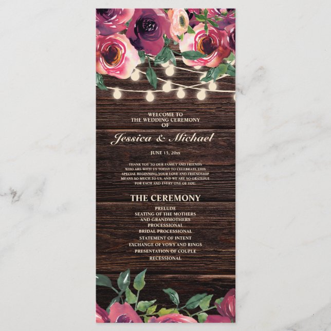 Rustic String Lights Burgundy Floral Wedding Programme (Front)