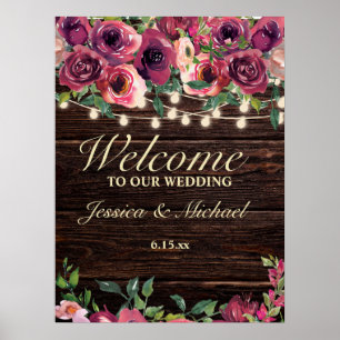 Rustic String Lights Burgundy Floral Wedding Sign
