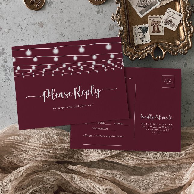 Rustic String Lights Burgundy Menu Choice RSVP  Postcard (Creator Uploaded)