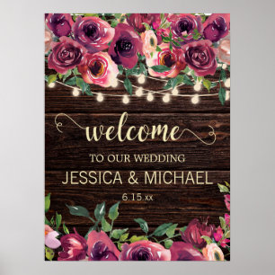 Rustic String Lights Burgundy Pink Floral Wedding Poster