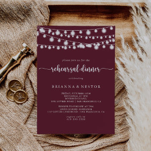 Rustic String Lights Burgundy Rehearsal Dinner Invitation