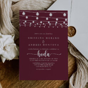 Rustic String Lights Burgundy Spanish Wedding Invitation