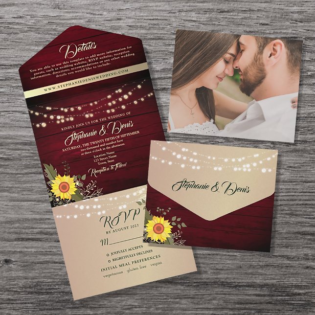 Rustic String Lights Burgundy Sunflower Wedding All In One Invitation (Creator Uploaded)