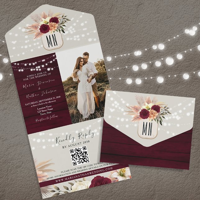 Rustic String Lights Burgundy Wedding All In One Invitation (Creator Uploaded)