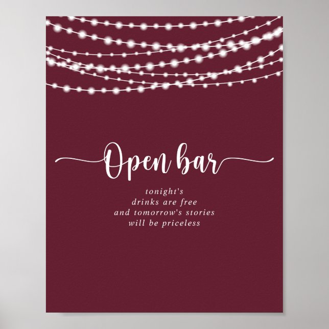 Rustic String lights Burgundy Wedding Open Bar  Poster (Front)