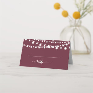 Rustic String Lights Burgundy Wedding Place Card