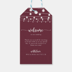 Rustic String Lights Burgundy Wedding Welcome  Gift Tags