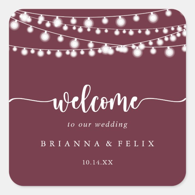 Rustic String Lights Burgundy Wedding Welcome   Square Sticker (Front)