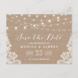 Rustic String Lights Burlap Lace   Save the Date Announcement Postcard