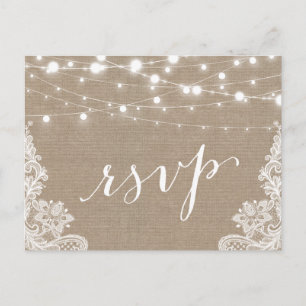 Rustic String Lights Burlap Lace Wedding RSVP Invitation Postcard