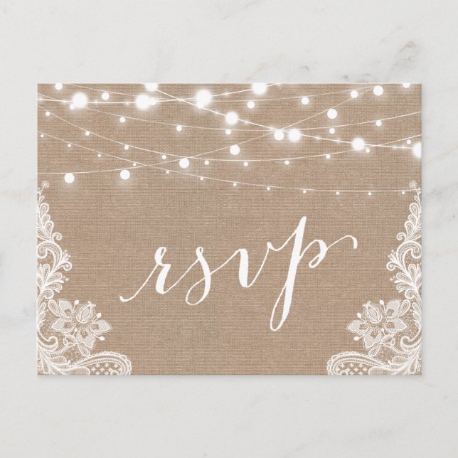 Rustic String Lights Burlap Lace Wedding RSVP Invitation Postcard (Front)