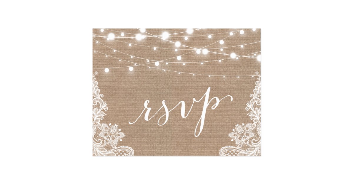Rustic String Lights Burlap Lace Wedding RSVP Postcard Zazzle