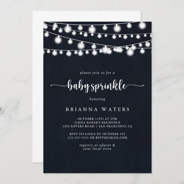 Rustic String Lights Calligraphy Baby Sprinkle  Invitation (Front/Back)