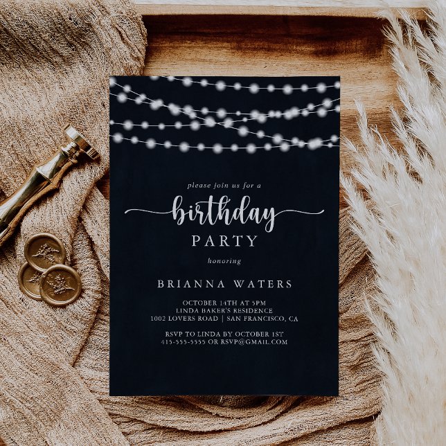 Rustic String Lights Calligraphy Birthday Party  Invitation (Creator Uploaded)