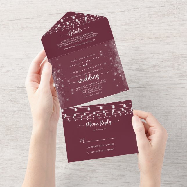 Rustic String Lights Calligraphy Burgundy Wedding  All In One Invitation (Tearaway)
