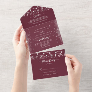 Rustic String Lights Calligraphy Burgundy Wedding All In One Invitation