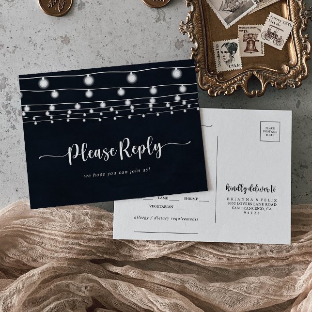 Rustic String Lights Calligraphy Menu Choice RSVP  Postcard (Creator Uploaded)