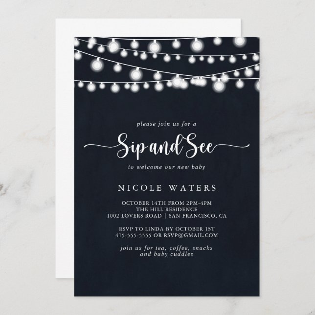 Rustic String Lights Calligraphy Sip and See  Invitation (Front/Back)